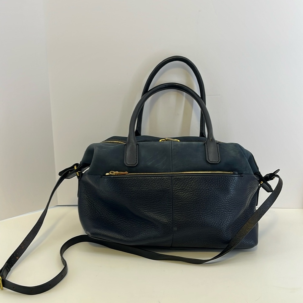 J. Crew 2 Tone Navy Leather & Suede Large Handbag Satchel w/ Removable Strap